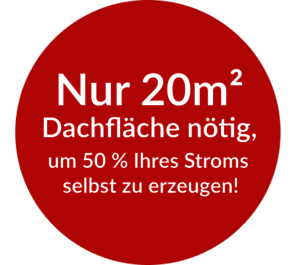 Auffälliger roter Hinweis mit der Aufschrift: ‚Nur 20 m² Dachfläche nötig, um 50 % Ihres Strombedarfs selbst zu erzeugen.‘